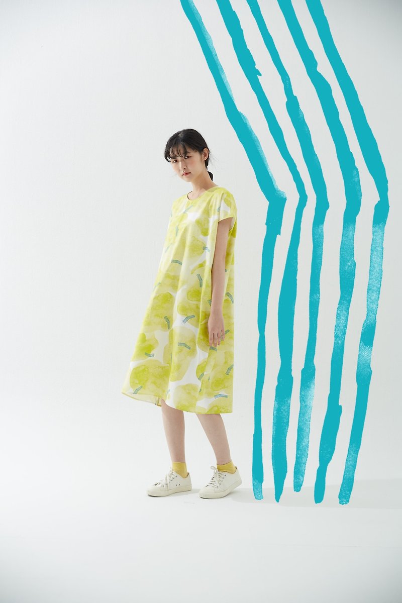 y1, hsuan X Honglin exclusive printed cloth series with sleeves and cocoon dress library - จัมพ์สูท - ผ้าฝ้าย/ผ้าลินิน สีเหลือง