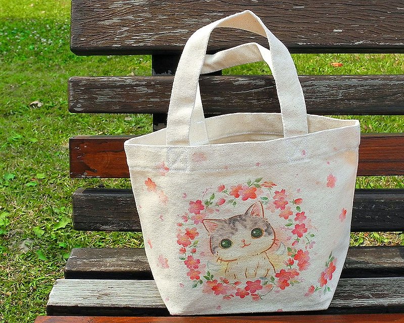 Sakura Meow Canvas Tote Bag/ Bento Bag - กระเป๋าถือ - ผ้าฝ้าย/ผ้าลินิน สึชมพู