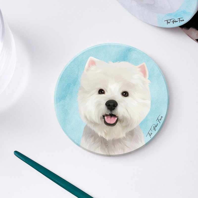 白威犬 白爹利 狗狗-圓型陶瓷吸水杯墊/動物/居家用品 - 杯墊 - 陶 