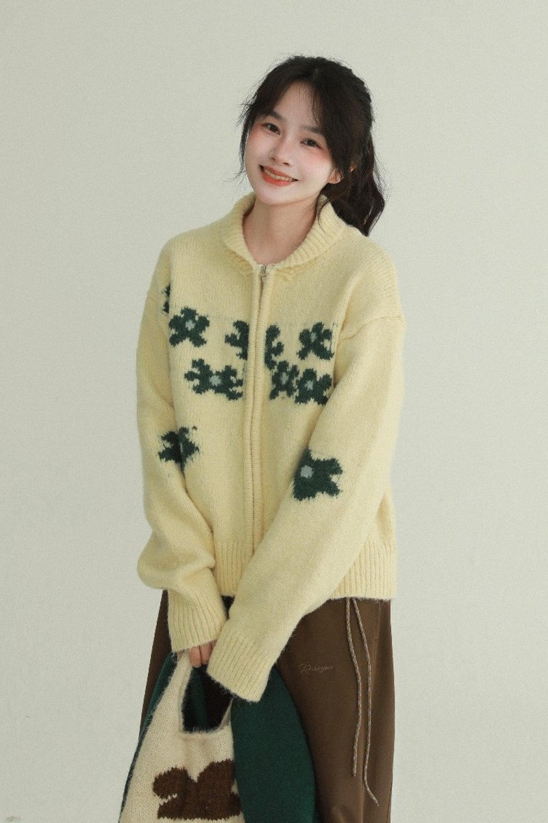 3 colors green shawl collar small flower sweater cardigan Japanese style zipper thickened lazy style knitted jacket top - Women's Sweaters - Polyester White