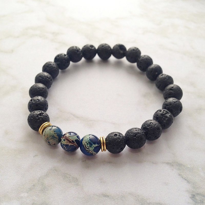 Blue Lava | volcanic rock | beaded bracelet - สร้อยข้อมือ - หิน สีดำ