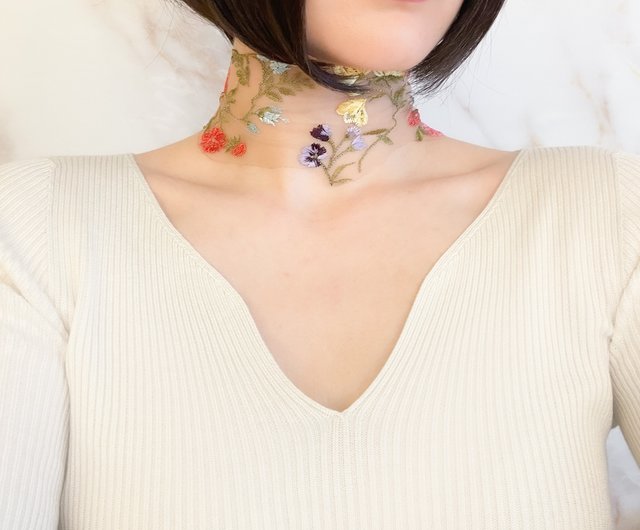 Bouquet and Me / Organdy flower embroidered choker SV439 - 設計館