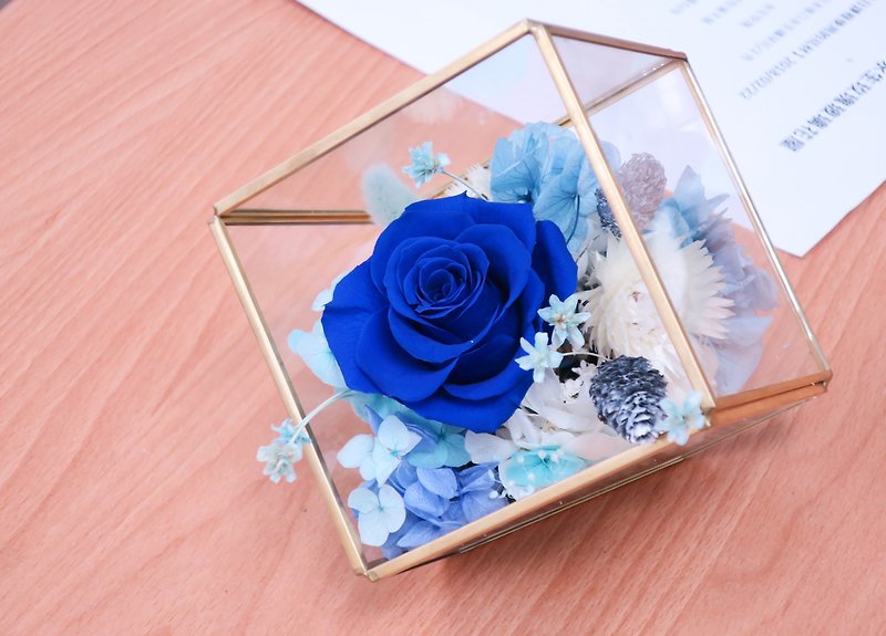 One Flower Sweet Love Immortal Rose Glasshouse Ocean Edition - ของวางตกแต่ง - แก้ว สีน้ำเงิน