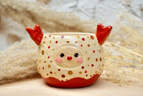 MeawmaPottery Baby Monster Planter, Red Horns, handmade pottery , animal planter
