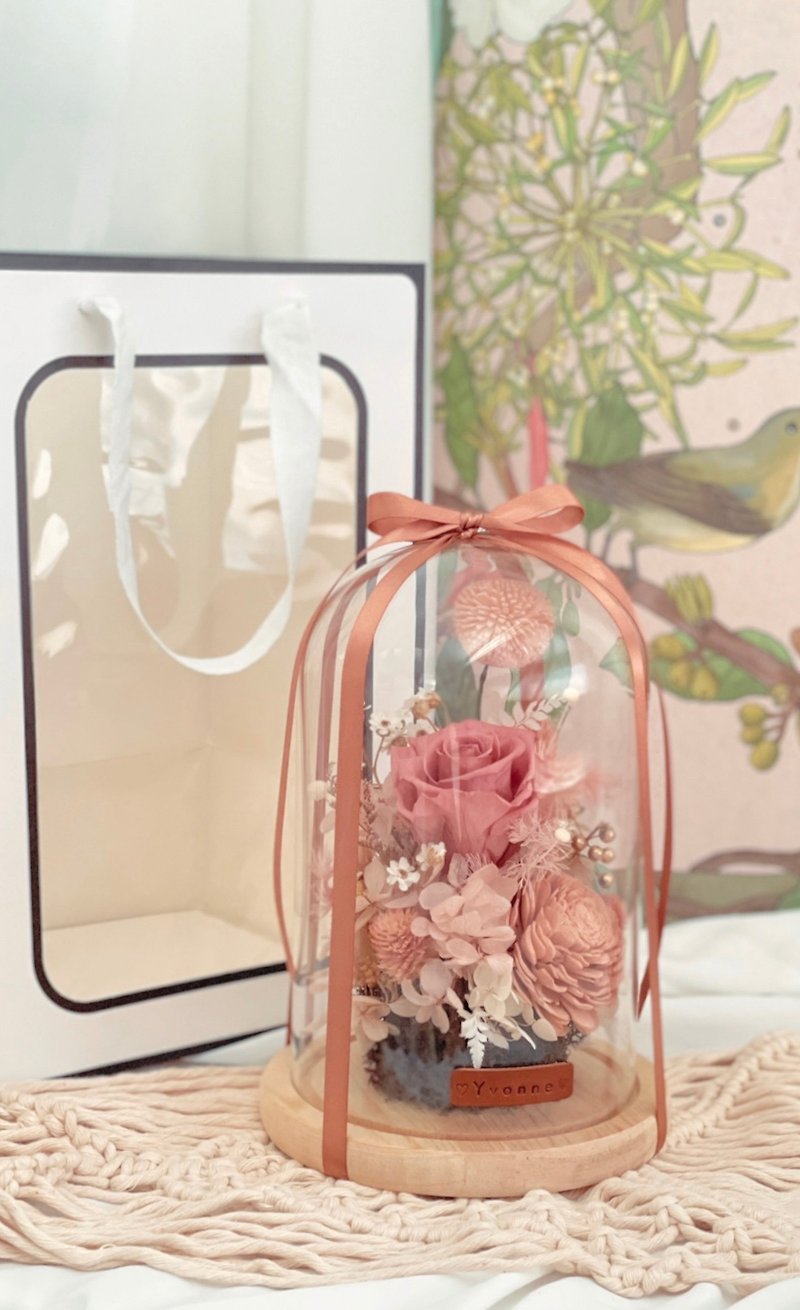 [Preserved Flower Glass Bell Jar] Nude Color I Customized Leather Label I Arrangement - Items for Display - Plants & Flowers Pink