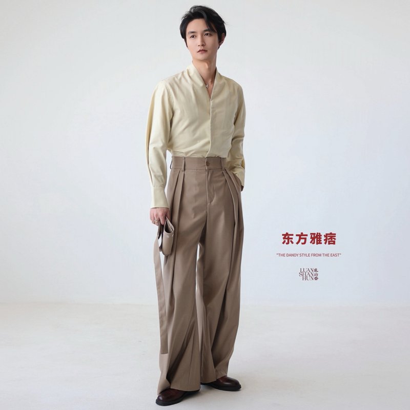 Luanshanhundongfangyupi new Chinese style double pleated Khaki casual pants with cuffs for autumn and winter all-match commuting - กางเกงขายาว - เส้นใยสังเคราะห์ 