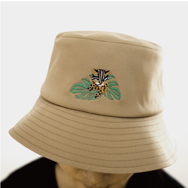 大人款-卡其色調節漁夫帽-吸濕排汗 柔軟 動物刺繡 石虎 環保 - 帽子 - 環保材質 