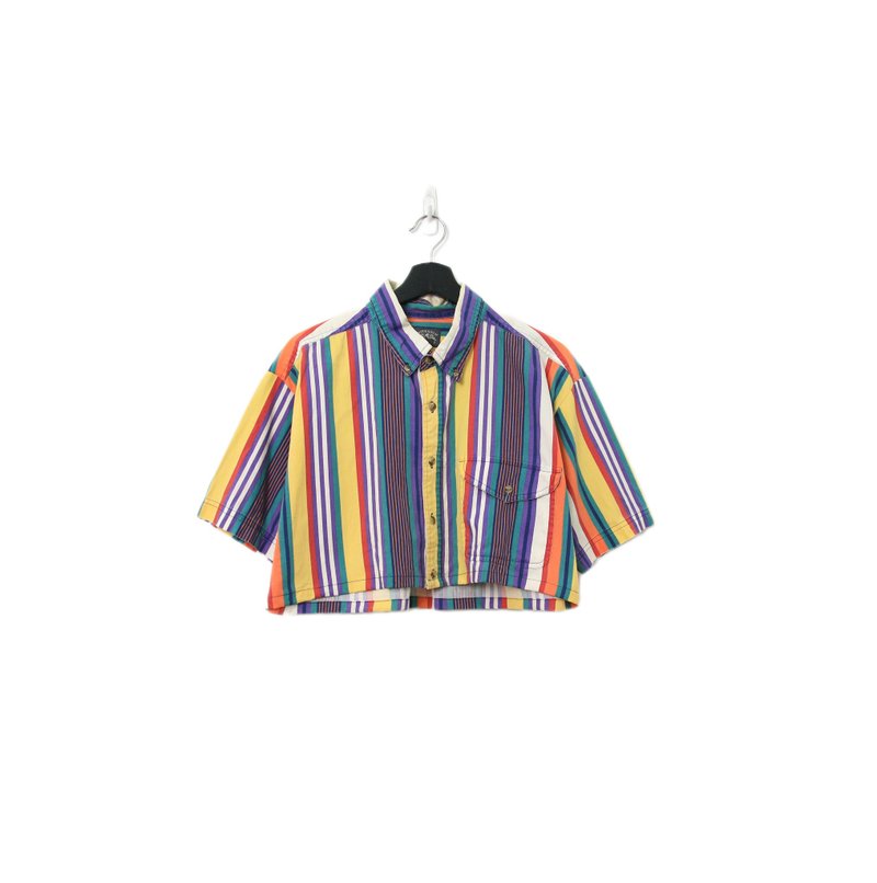 Back to Green-再製條紋短板襯衫 繽紛線條 ds-11//vintage shirt - 女襯衫 - 棉．麻 