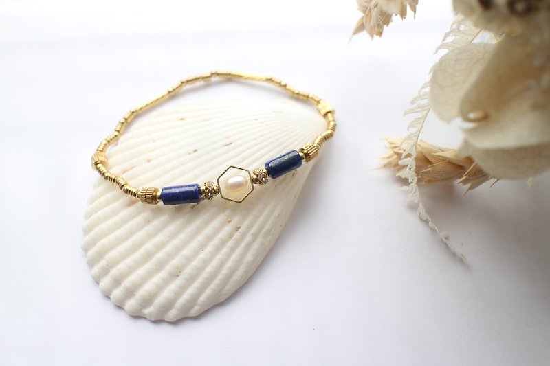 Peace~ Lapis/pearl/brass handmade bracelet - Bracelets - Other Metals 