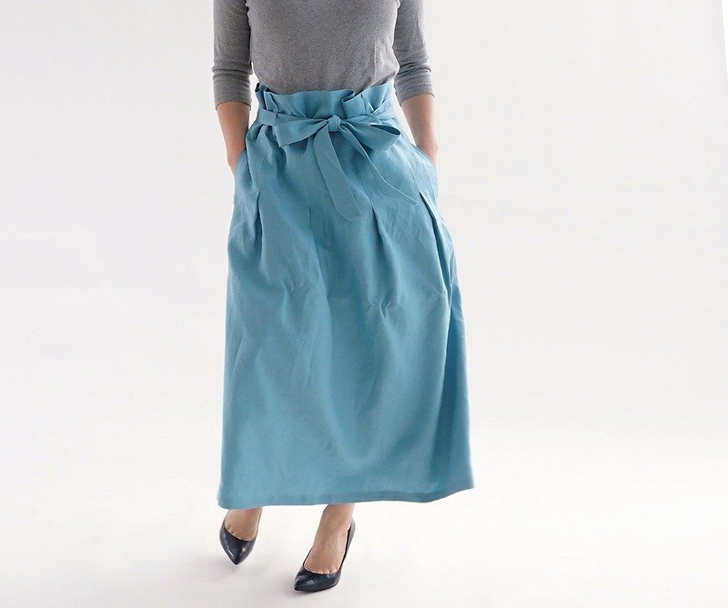 Belgian linen double loop tuck skirt / blue porslane sk8-12 - Skirts - Cotton & Hemp Blue