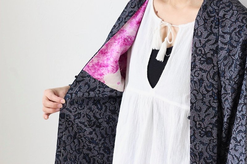 floral kimono, kimono, Japanese kimono, haori /3461 - เสื้อแจ็คเก็ต - เส้นใยสังเคราะห์ สีน้ำเงิน