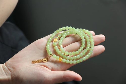 Sri Yantra 原創款天然和田玉青黃多圈手鏈搭配白水晶五條經文淡水珍珠古法銀