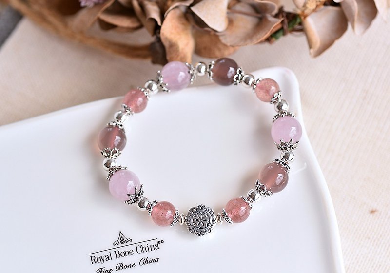 Amethyst + Purple Chalcedony + Strawberry Crystal Sterling Silver Flower Bracelet - Bracelets - Crystal Pink