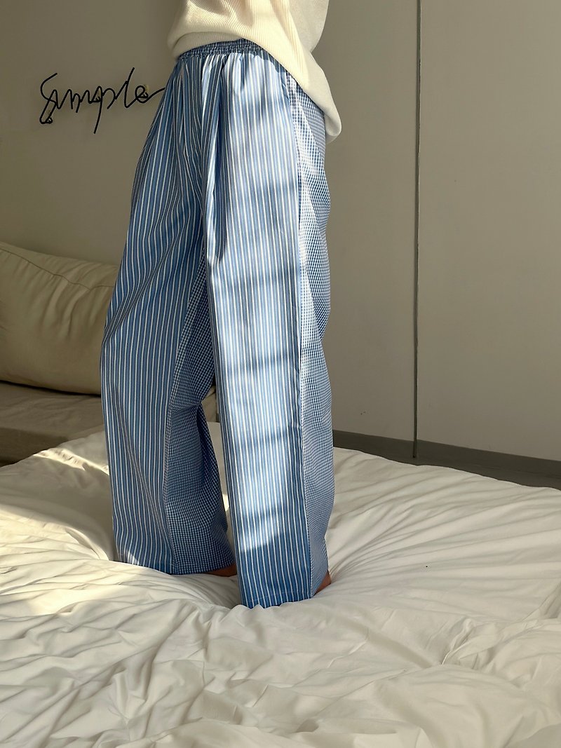 Minimalist lazy striped patchwork home trousers - กางเกงขายาว - วัสดุอื่นๆ สีน้ำเงิน
