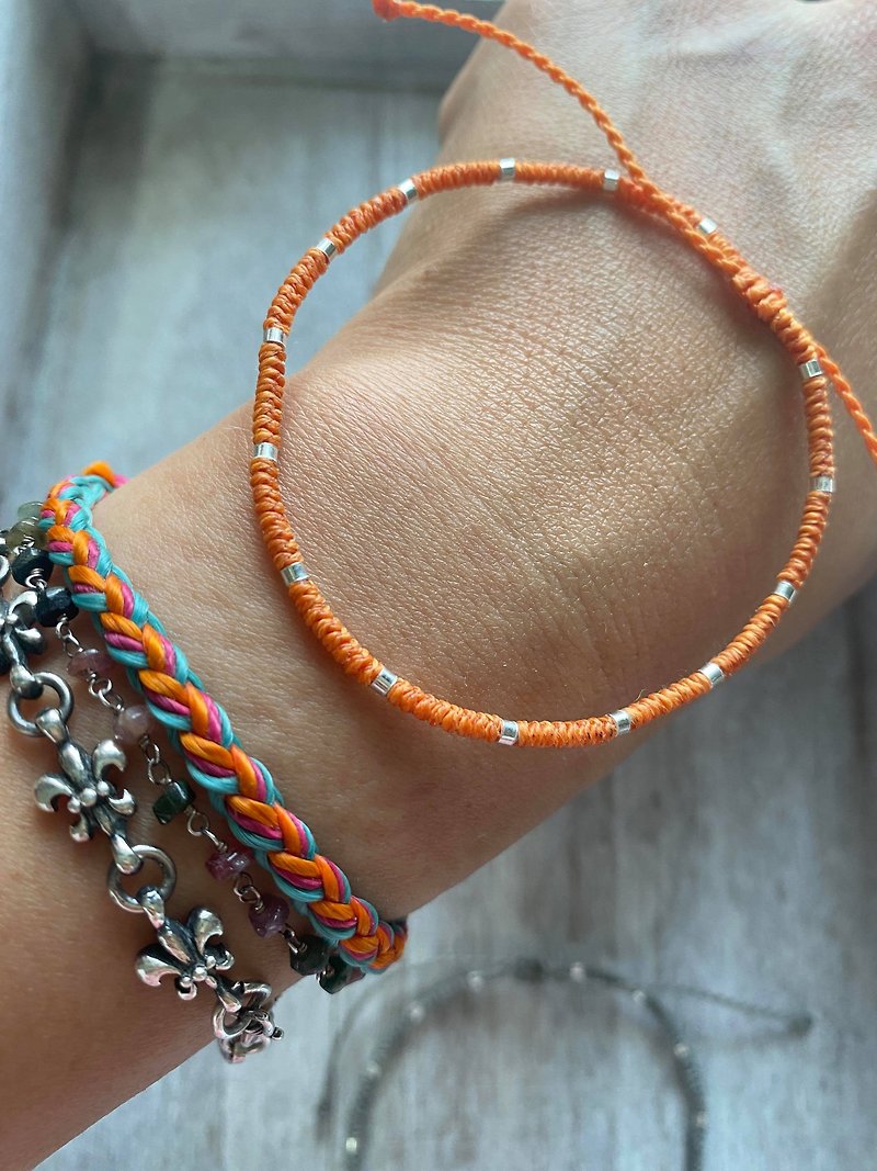 Extra-fine sterling silver beads South American Wax wire braided bracelet (orange) optional colors - สร้อยข้อมือ - เงินแท้ 