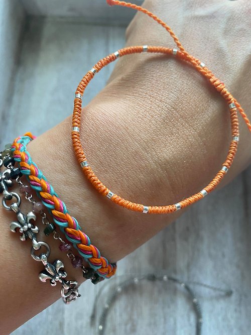 米+熊 手工雜貨鋪 極細純銀珠 南美蠟線編織手環 (橘) 可選色
