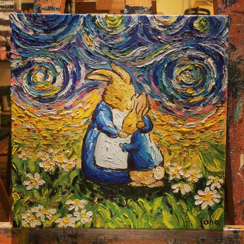 ワンカカ油絵-ゴッホの忙しいウサギの赤ちゃん30x30cm