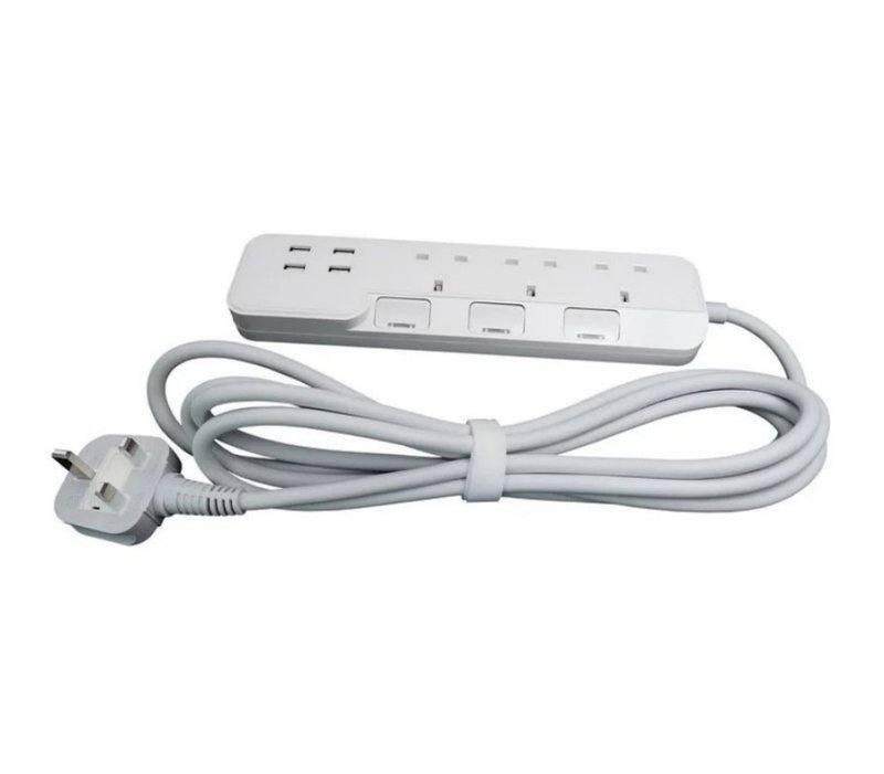 OMNI UK034-10 safety extension board with 3 independent switches and 4-position USB smart charging 10-foot cable - Other - Other Metals White