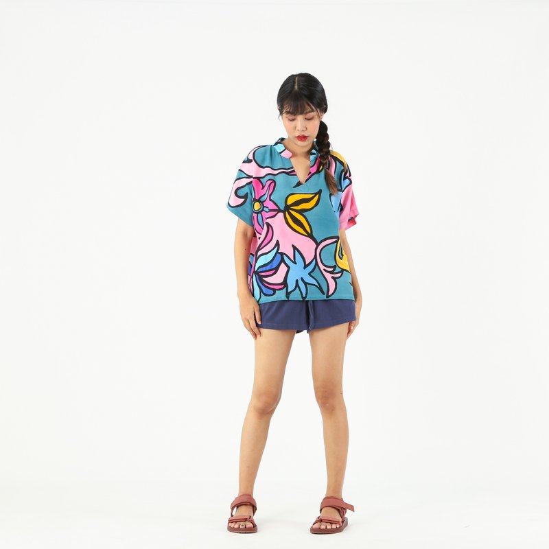 Blouse with Collar Cotton Rayon Hand Paint Free Size - 女上衣/長袖上衣 - 棉．麻 粉紅色