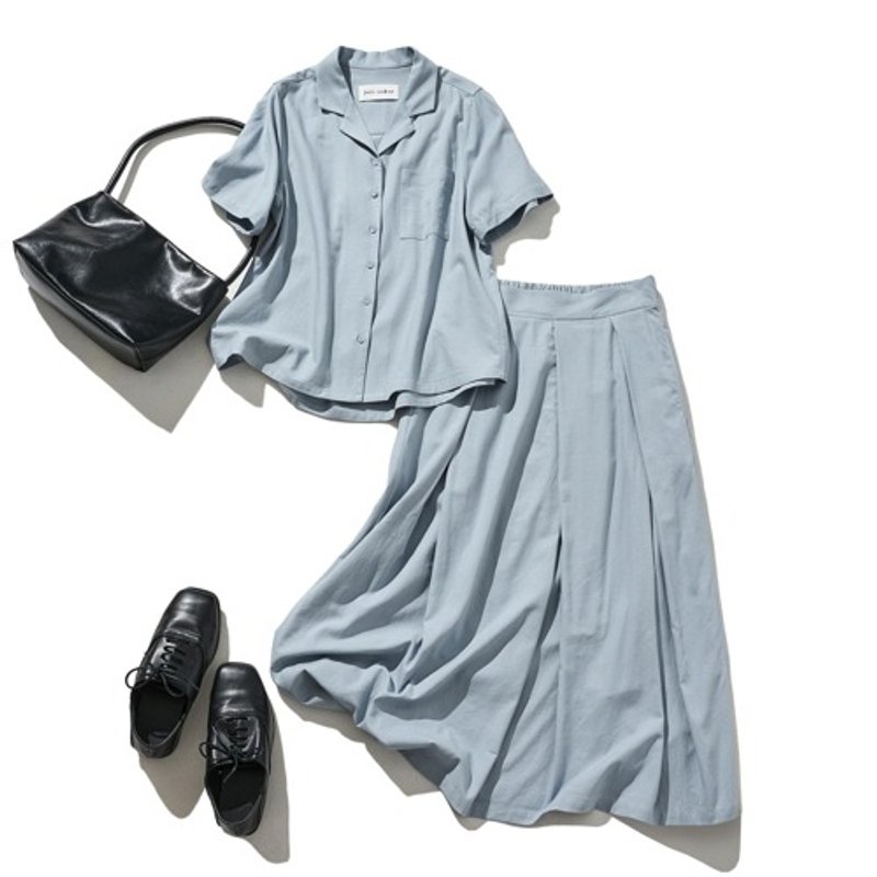 Value Set: Cotton Linen Open Collar Shirt and Lined Skirt - Ash Blue 220511-2 210807-2 - เสื้อเชิ้ตผู้หญิง - ผ้าฝ้าย/ผ้าลินิน 