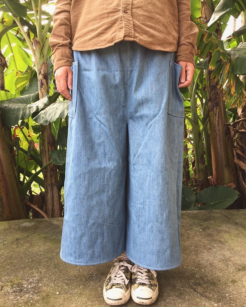 Handmade clothes washing denim straight wide Culottes - กางเกงขายาว - ผ้าฝ้าย/ผ้าลินิน สีน้ำเงิน