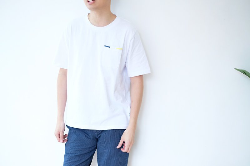 Embroidery Pocket Tee /cotton/shirt/henley - Men's T-Shirts & Tops - Other Materials White