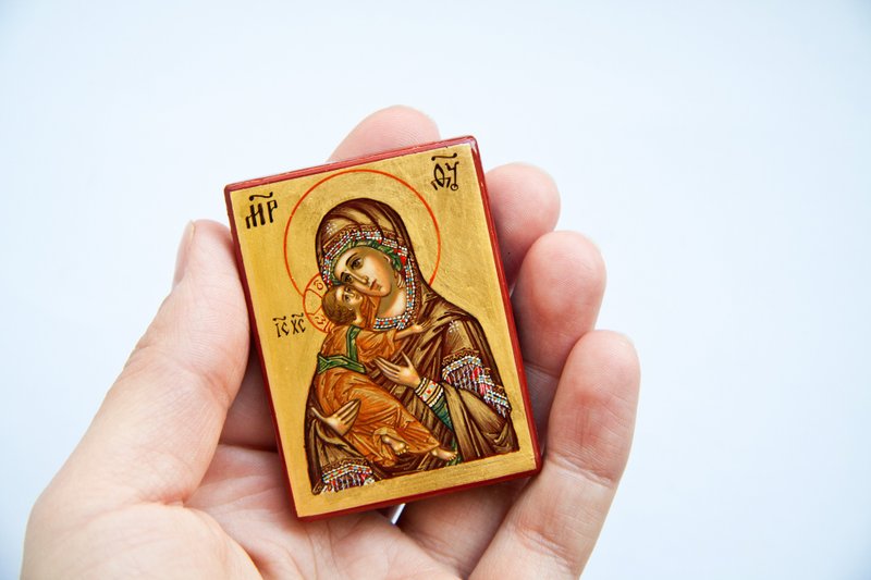 hand painted orthodox christian Virgin Mary Mother of God Vladimirskaya icon - 其他 - 木頭 金色