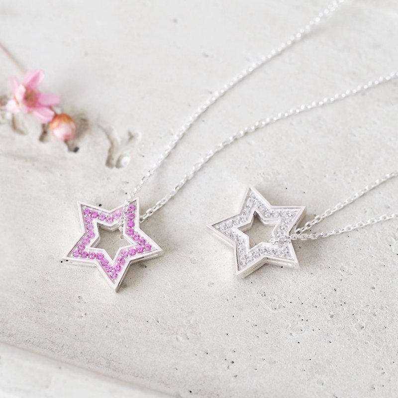 Pink Reversible Star Necklace 925 Sterling Silver - สร้อยคอ - โลหะ สึชมพู