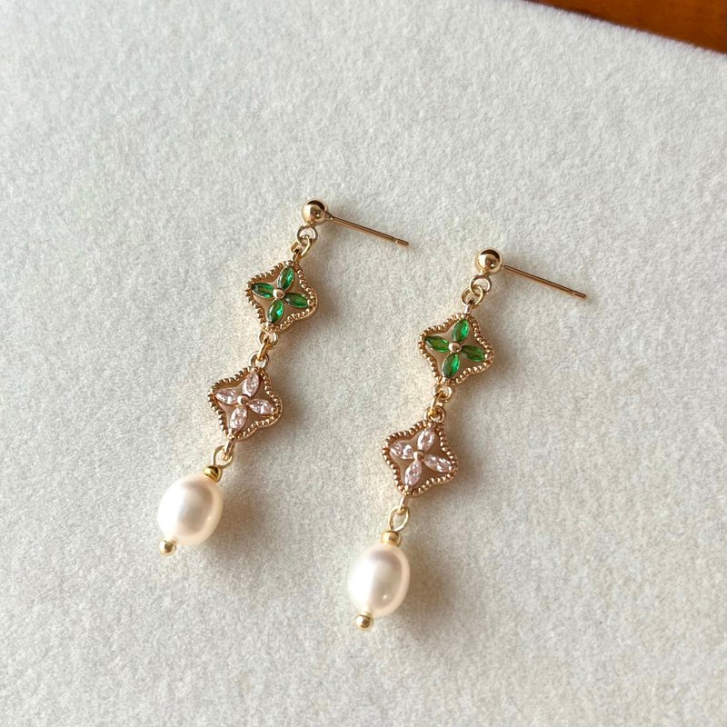 14K gold-plated carved green four-leaf clover earrings and Clip-On 14KGF - Earrings & Clip-ons - Pearl Green