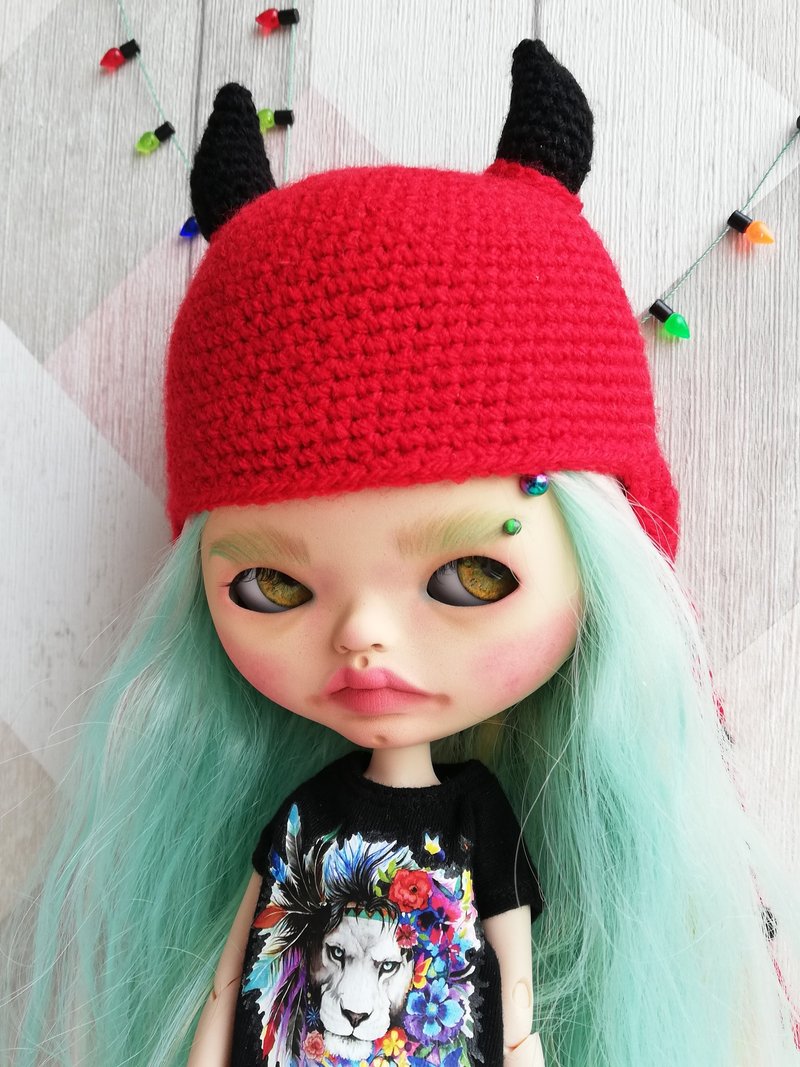 Blythe doll crochet hat Devil - 公仔/玩偶 - 棉．麻 紅色