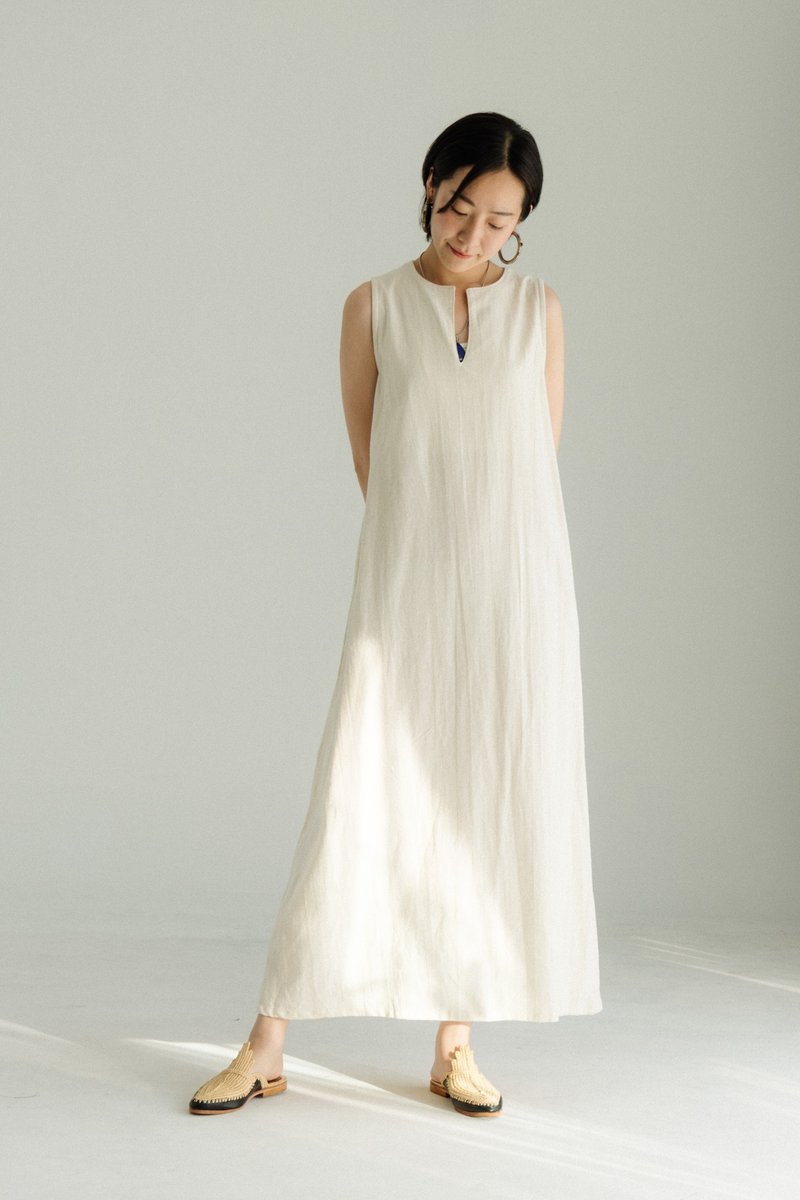 Small V-neck pure cotton long dress_off-white - One Piece Dresses - Cotton & Hemp White