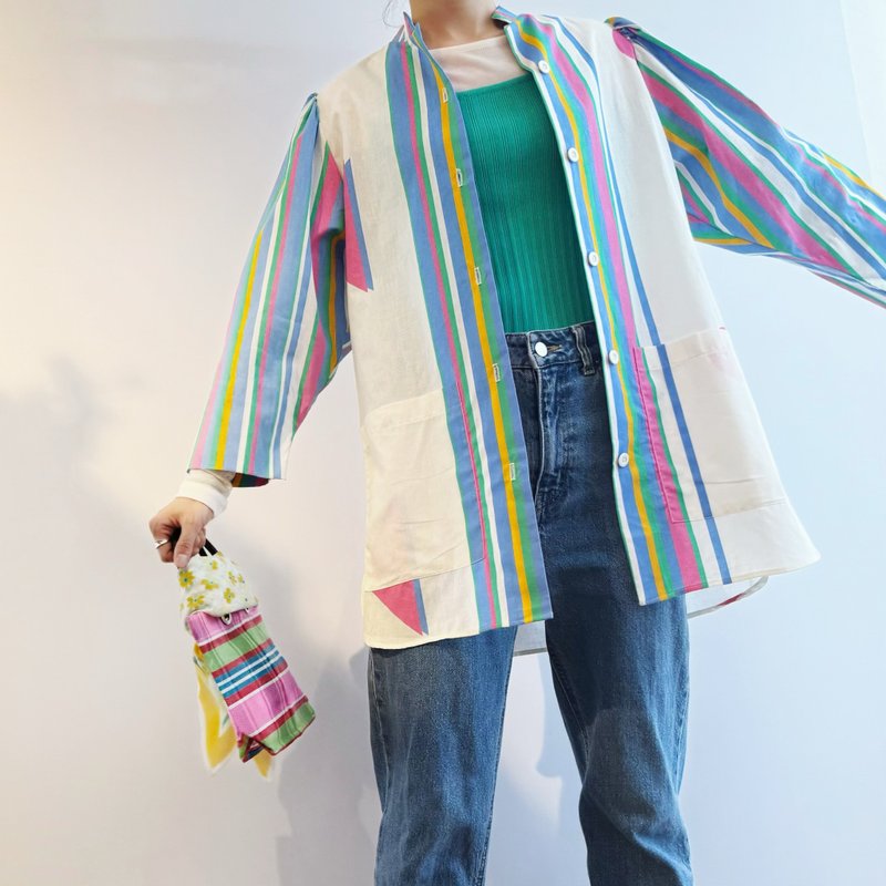 USA vintage rainbow striped shirt - เสื้อเชิ้ตผู้หญิง - ไฟเบอร์อื่นๆ หลากหลายสี