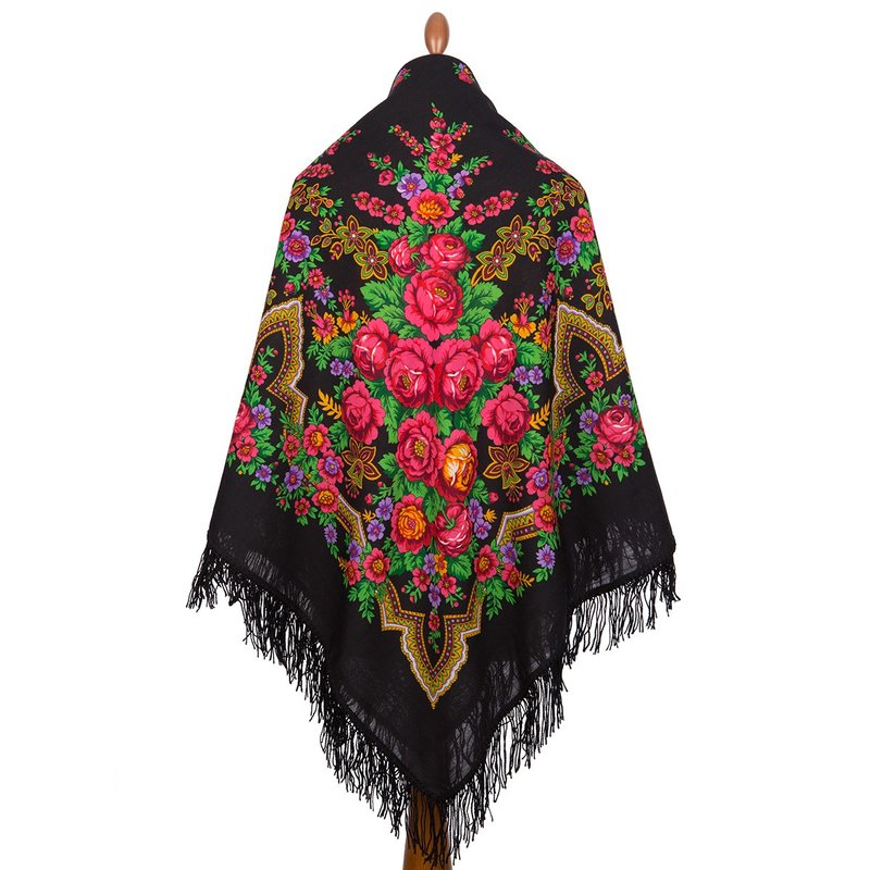 Pavlovo Posad Russian Shawl 100% Wool Scarf Woolen Tassels 146x146 cm 325-18 - Scarves - Wool Black