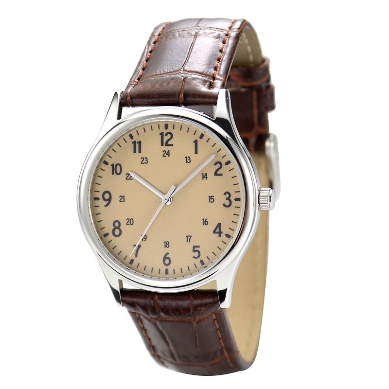 簡約1-24數字 Hazelnut 面 手錶 男女合用 全球免運費 - 男錶/中性錶 - 不鏽鋼 卡其色