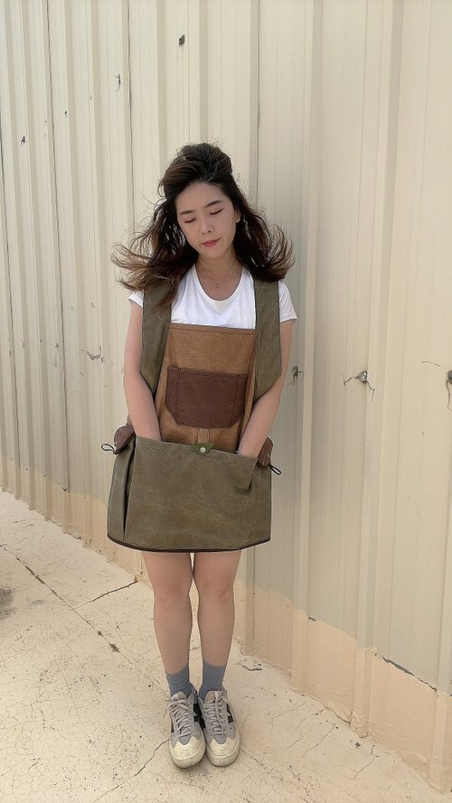 Mary1924 手工製作工裝造型大口袋拼接圍裙
