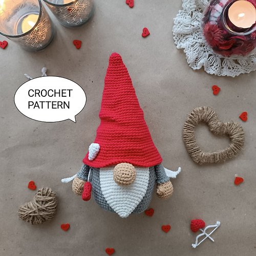 ToysByMommy Crochet pattern Valentine Cupid Gnome, crochet gnome amigurumi pattern, crochet