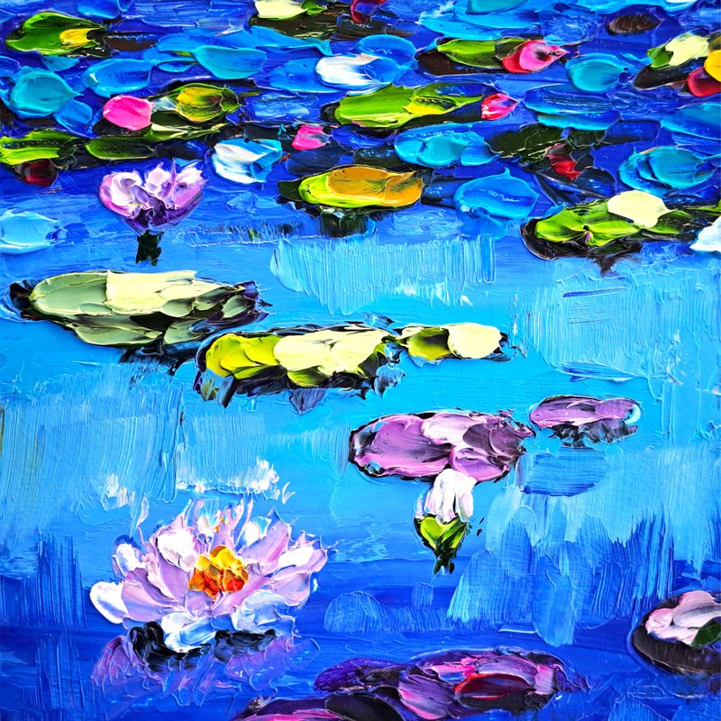 Water Lilies Painting Flower Original Art Landscape Impasto Oil Painting Pond - โปสเตอร์ - วัสดุอื่นๆ หลากหลายสี
