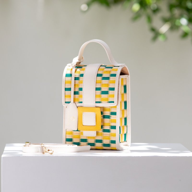 Chaksarn Tally - Natural Mix White Green Yellow Dot Pattern - Handbags & Totes - Genuine Leather White