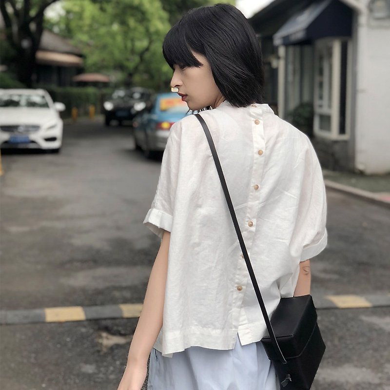Japanese linen short-sleeved shirt | shirt | linen cotton | independent brand |Sora-136 - เสื้อเชิ้ตผู้หญิง - ผ้าฝ้าย/ผ้าลินิน ขาว