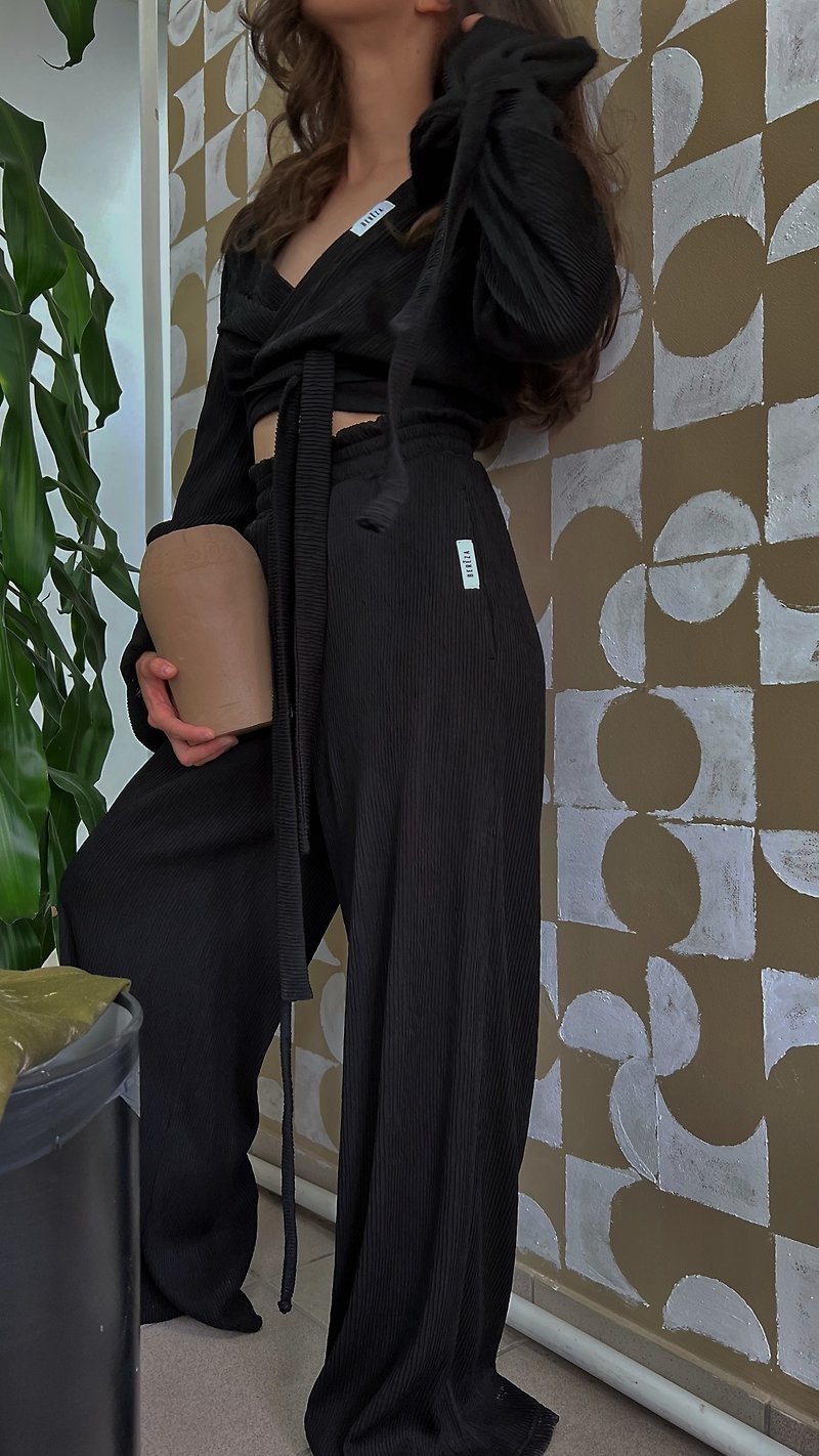 Designer Black Wide Long Pants for Every Day Wear - Women's Pants - Cotton & Hemp Black