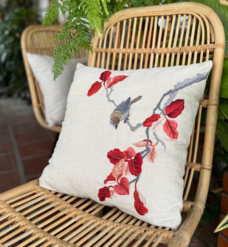 Hand-Embroidered Linen Cushion Cover: Botanical Art Swallow & Red Bud - 枕頭/抱枕 - 亞麻 卡其色