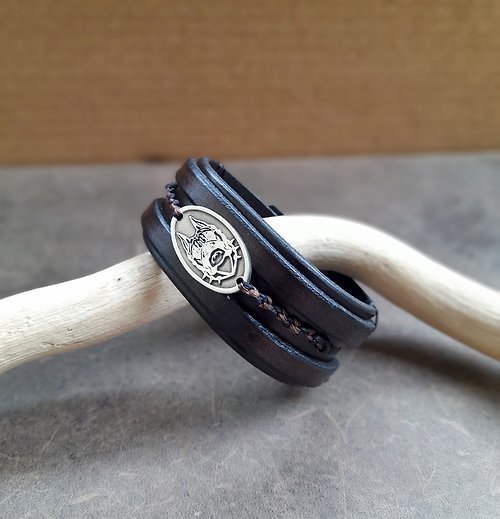 Luckysevenleather Sterling Silver Doberman Bracelet, Statement Bracelet, Handmade Leather Bracelet