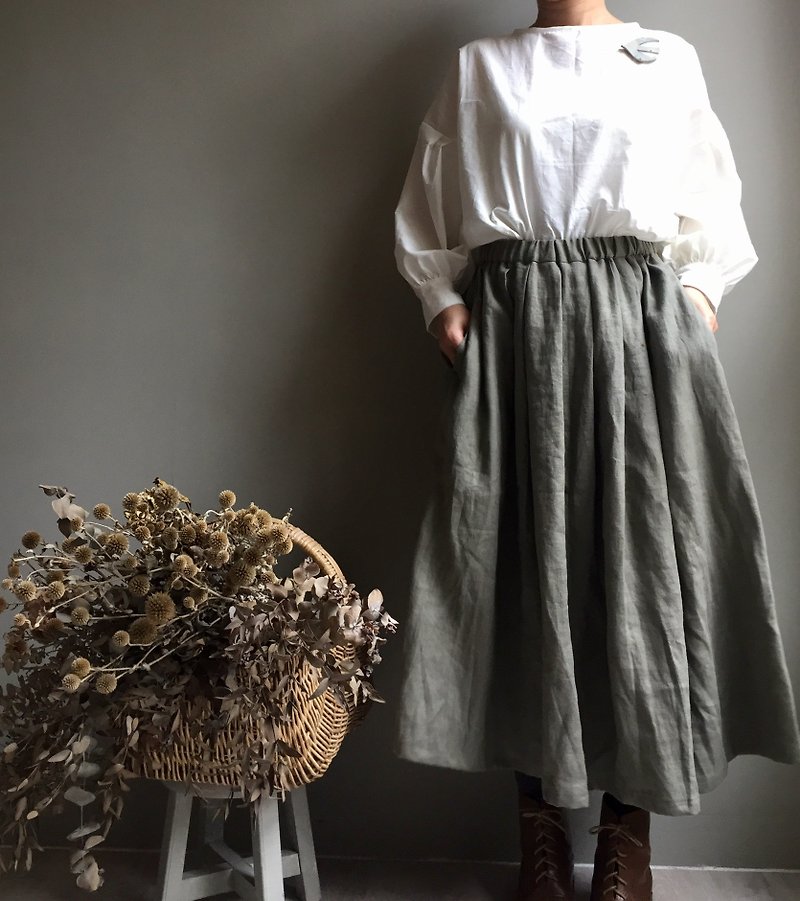 Southern Forest* Grey-green linen pleated midi skirt 100% linen - Skirts - Cotton & Hemp 