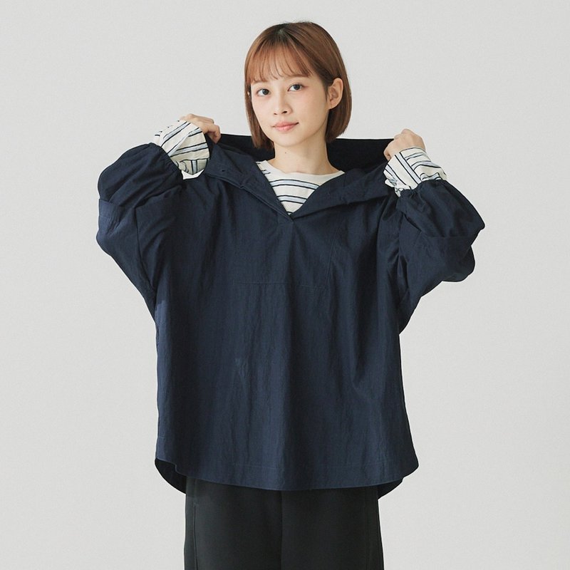 【Simply Yours】Hooded Three-Quarter Sleeve Jacket - blue F - Women's Tops - Cotton & Hemp Blue