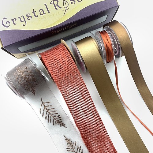 Crystal Rose Ribbon 緞帶專賣 自然暖褐金葉緞帶禮盒/禮物Idea系列/5入
