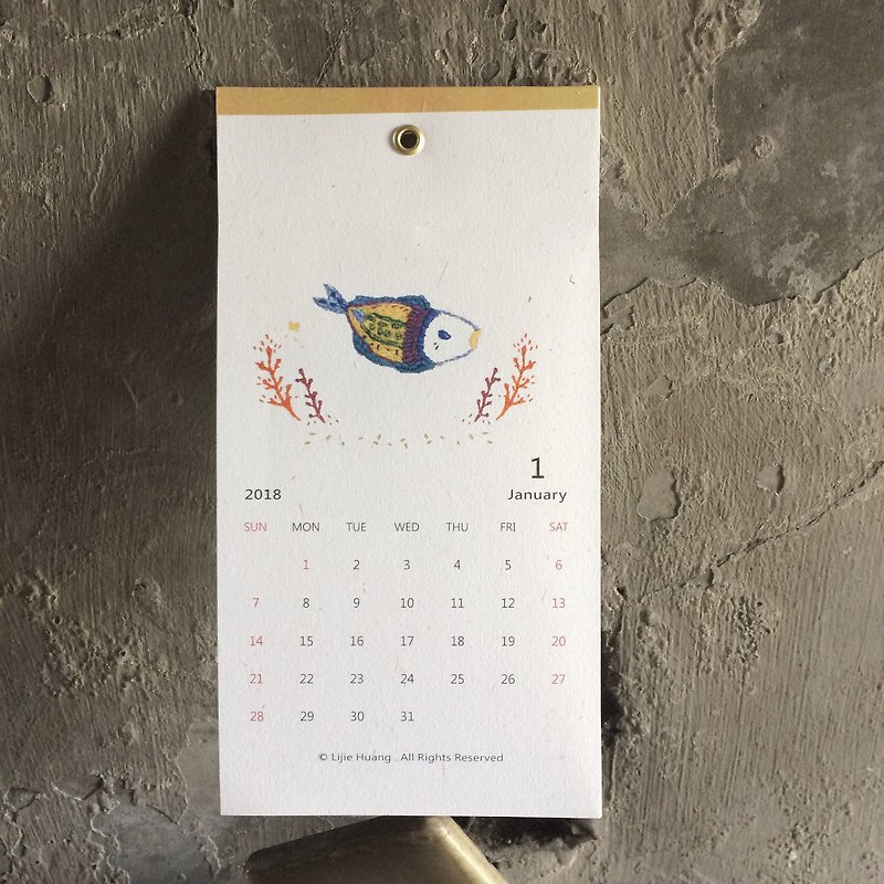 Rainbow fish 2018 Calendar embroidery design style calendar - ปฏิทิน - กระดาษ ขาว
