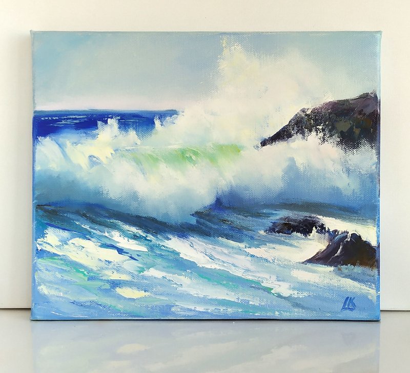 Big Wave Painting Sea Blue Wave Art Stone Shore Wall Art Rocky Coast Painting - Posters - Cotton & Hemp 