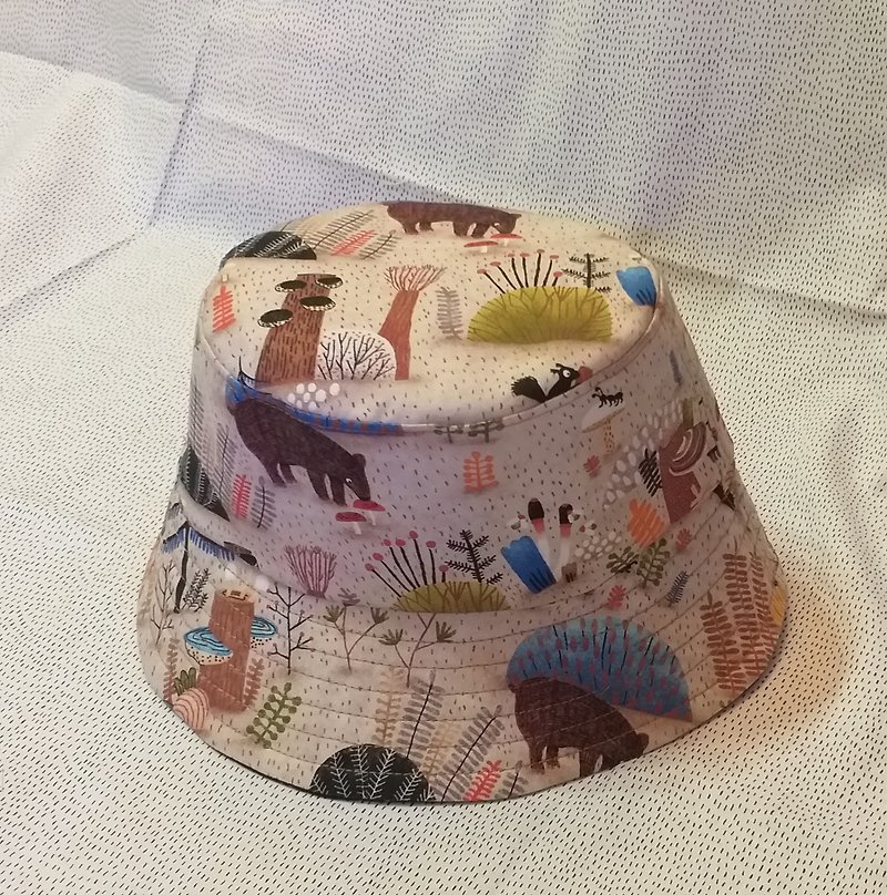 手作り - 子供用両面漁師帽子 (森のヒグマ) は紫外線保護を追加できます。 - 帽子 - コットン・麻 ブラウン