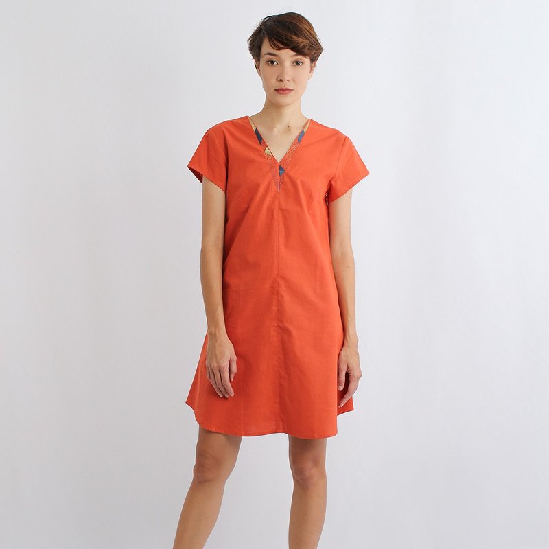 Cotton linen Dress, Tribal style hand embroidery/ Orange - 洋裝/連身裙 - 棉．麻 橘色