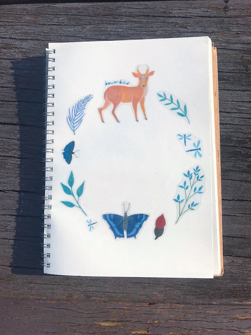 Aqua forest watercolor wind transparent sticker deer butterfly - Stickers - Plastic Blue